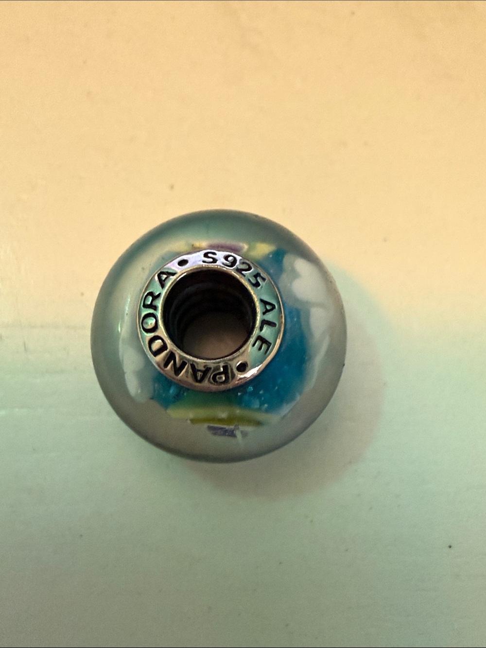 Pandora Blue, White & Yellow Glass Charm Bead